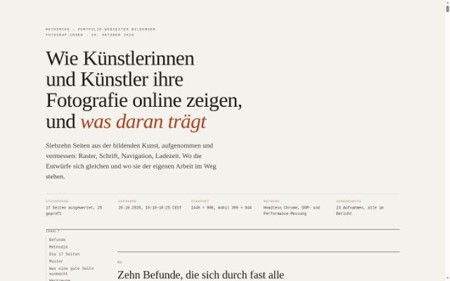 Ausschnitt der Startseite des Berichts über Künstler-Portfolios.