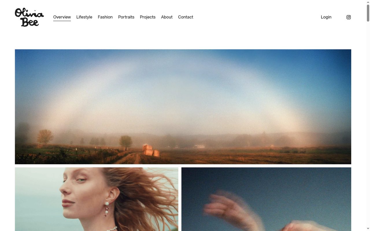 Startseite von oliviabee.com: handgeschriebenes Logo, horizontale Navigation, großes Panoramafoto mit Regenbogen, darunter zwei Bilder.